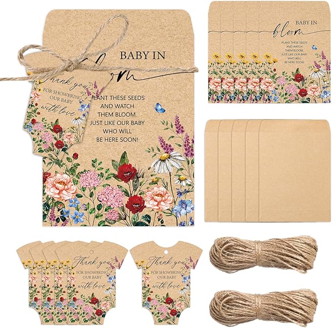 JarThenaAMCS 100Pcs Baby Shower Seed Packets Spring Wildflower Self Adhesive Kraft Envelopes with Thank You Tags Baby in Bloom Seed Storage Pockets for Garden Party Favors Supplies