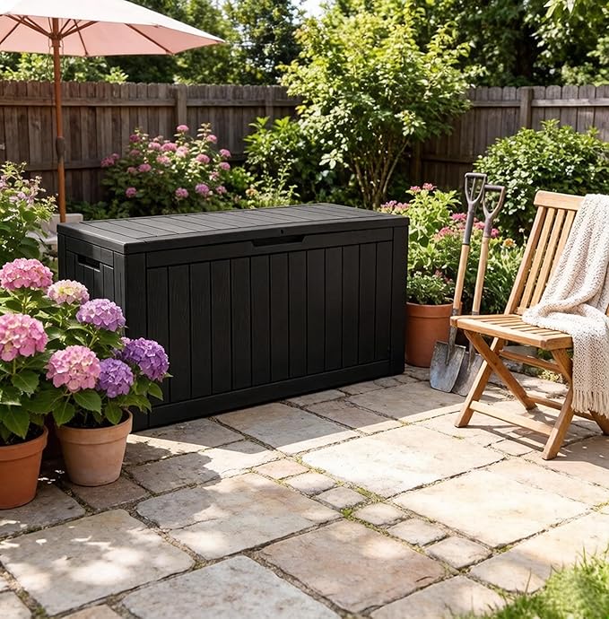 120 Gallon Outdoor Storage Box, Resin Deck Boxes Outdoor Waterproof For Patio Furniture, Garden Tools, Pool Supplies, Durable And UV Resistant, Lockable（Black）