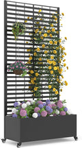 Metal Planter Box with Trellis, 73"x 35"x 16" Raised Garden Bed with Wheels and Drainage Holes, Planter with Trellis for Garden, Balcony and Patio, Black Louvered