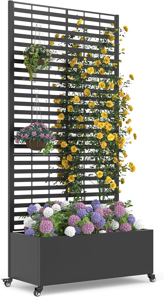Metal Planter Box with Trellis, 73"x 35"x 16" Raised Garden Bed with Wheels and Drainage Holes, Planter with Trellis for Garden, Balcony and Patio, Black Louvered
