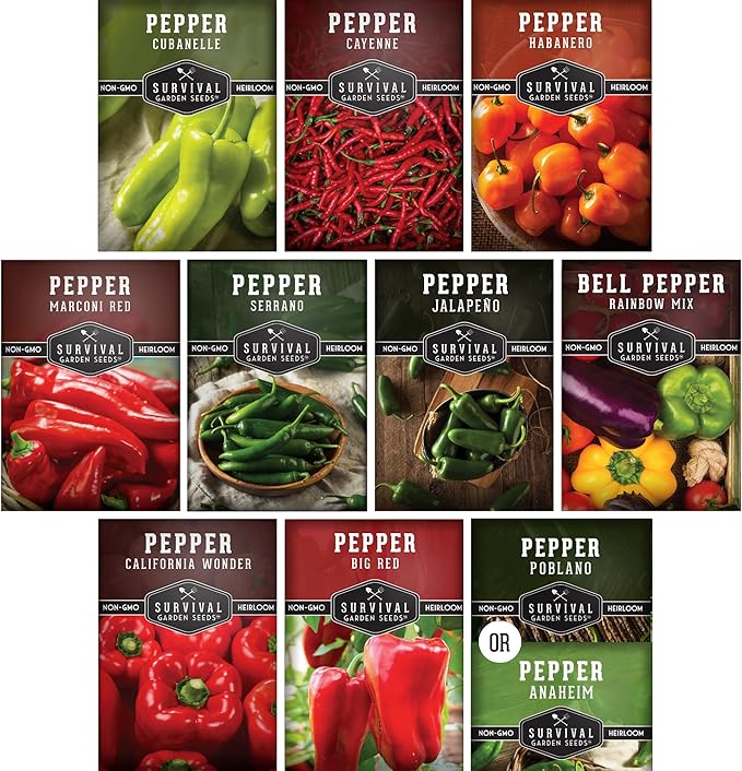 10 Pepper Seed Packs for Planting | Jalapeño, Serrano, Cayenne, Bell, Habanero, Cubanelle, & More – Hot & Sweet Heirloom Non-GMO Peppers Collection – Survival Garden Seeds