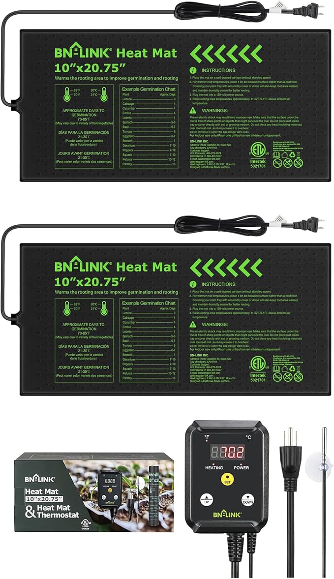 BN-LINK Seedling Heat Mat with Thermostat Controller Combo Set, 10" x 20.75" Plant Heating Mat for Seed Starting with Temperature Control for Indoor Growing, Plants Germination