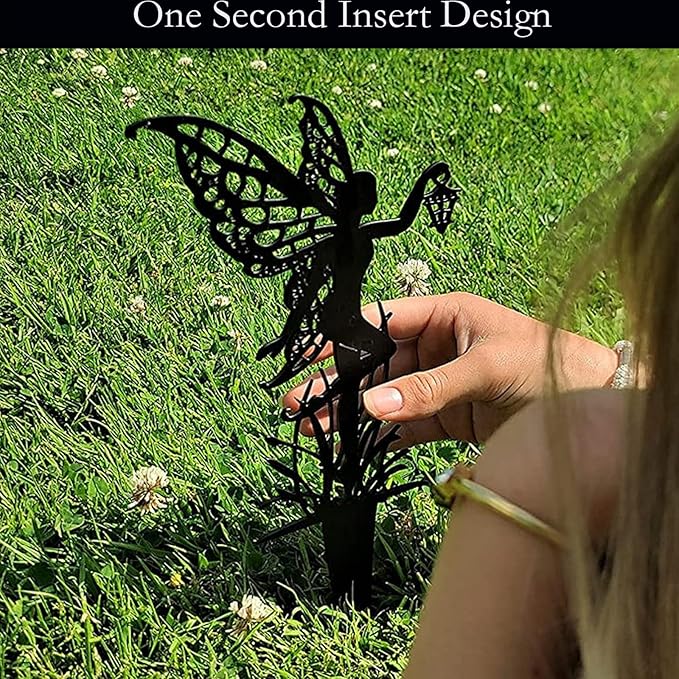 Decorative Garden Stakes，Fairy Garden Stakes Statues Metal Weather Resistant 3 Piece Outdoor Decorative Set Black (9 Pack A)