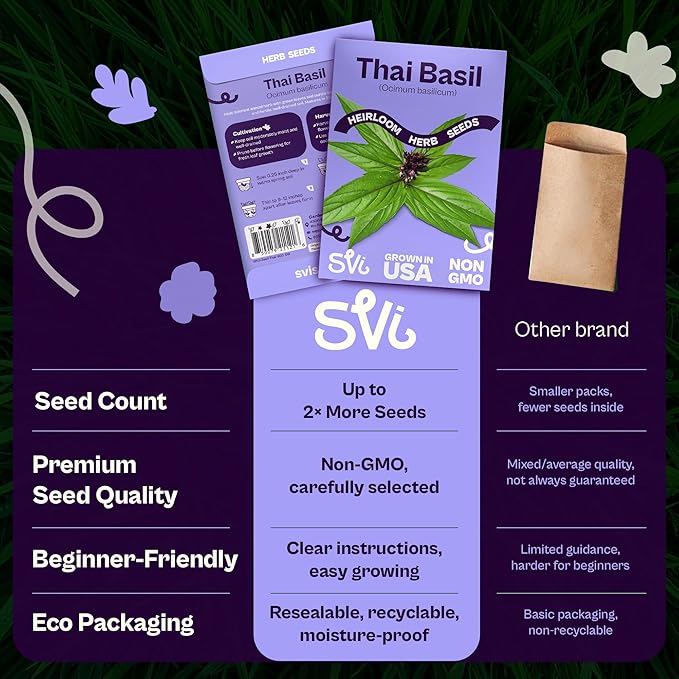 SVI 600 Sweet Thai Basil Seeds (Ocimum basilicum) – Basil Seed Packets Aromatic, Heat-Tolerant – Non GMO Heirloom Herb Seeds for Containers, Outdoor & Indoor Herb Garden