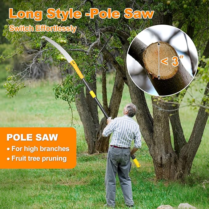 2-in-1 Manual Pole Saw | 11.5 FT Adjustable Tree Trimming Tool with Steel Blade | Lightweight Pruning Saw for Forestry, Yard, Garden & Patio Maintenance, Reach High Branches with Ease