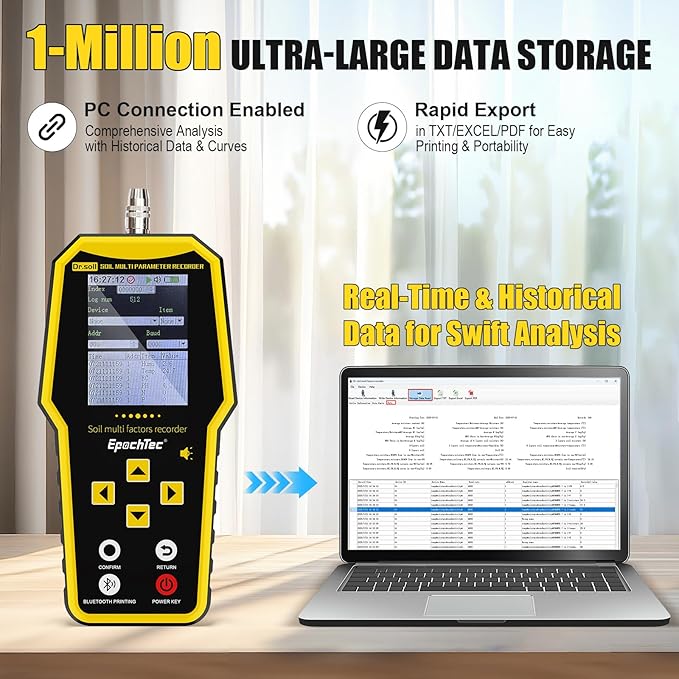 7 in 1 Soil Tester, ±1% High Precision Digital NPK Tester with Soil PH Meter/Moisture/Temperature/EC Monitor, Soil Test Kit for Geological Survey, Agriculture, Plant with Data Storage &Export