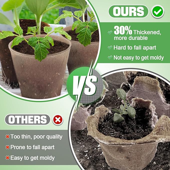 Cosweet 3.2" Biodegradable Peat Pots with Drainage Holes - 50 Pcs Thickened Round Plant Pots, Seedling Starters Kit with 100 Plant Markers for Seed Germination