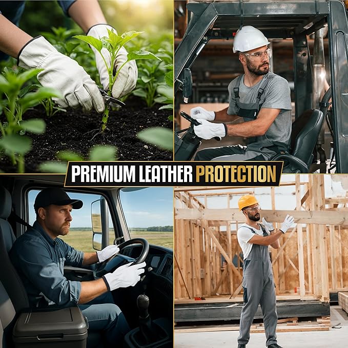 12 Pairs Heavy Duty Durable Leather Work Gloves for Truck Driving, Warehouse, Gardening, Construction, Hand Protection