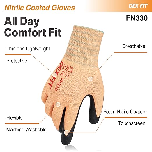 DEX FIT Nitrile Work Gloves FN330, 12 Pairs, 3D-Comfort Stretchy Fit, Firm Grip, Thin & Lightweight, Touch-Screen Compatible, Durable, Breathable & Cool, Machine Washable; Orange S (7)