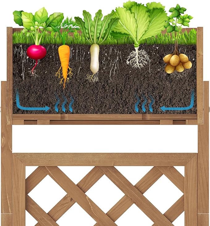 Raised Garden Bed with Diamond Lattice Trellis，Wood Planter Box Stand for Backyard, Patio, Balcony,Outdoors (Brown)