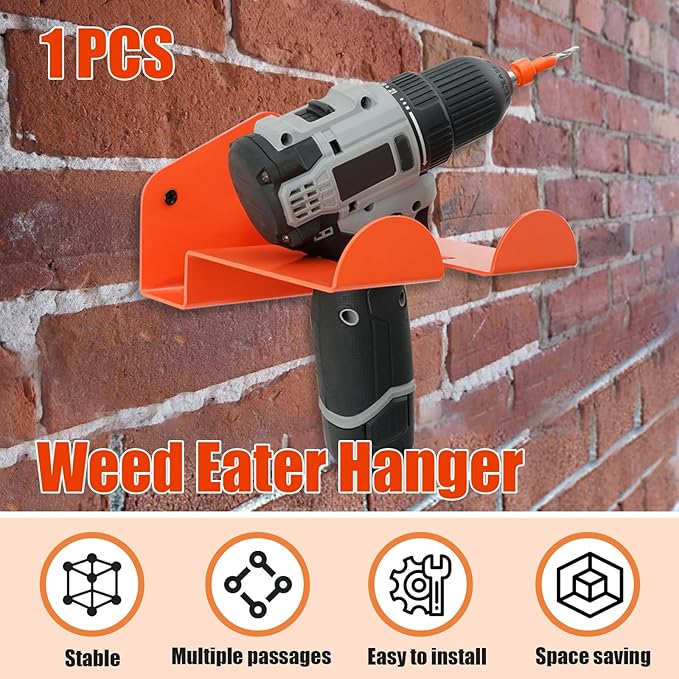 1 Pack Weed Eater Hanger Wall Mounted Weedeater Garage Trimmer Rack Heavy Duty Garden Tool Hanger Steel Weed Whackers Holder Organizer Hooks for Grass Garden Tools (Orange)