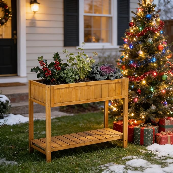 Premium Fir Wooden Raised Garden Bed with Four Legs for Backyard and Balcony Gardening,Suitable for Indoor and Outdoor use,Bottom with Storage Rack,35.04''×13''×29.92''