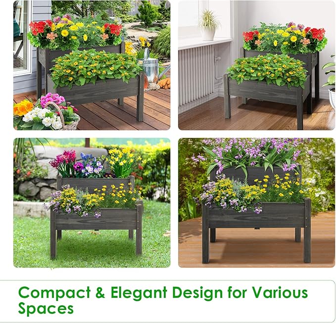 RELAX4LIFE 2-Tier Raised Garden Bed - Fir Wood Garden Elevated Planter Box with Legs, 8 Drainage Holes,220 Capacity for Growing Vegetable, Elevated Garden Bed for Outdoor Yard Patio Balcony (Gray)