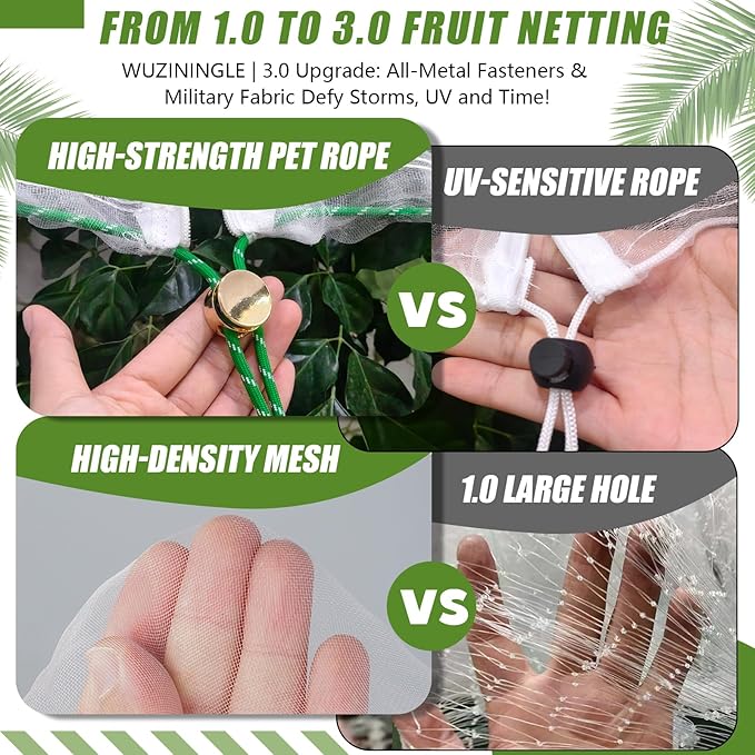 Fruit Tree Netting Cover with Drawstring, 2 Pack 4.9x6.2 ft Bird Barrier Mesh for Blueberry Bushes/Vegetables, Bonus 4 Owl Scare Tapes & 2 Fastening Straps