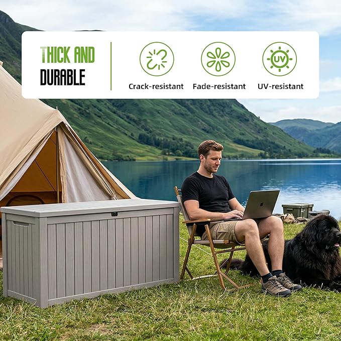200 Gallon Outdoor Storage Deck Box Waterproof Resin Lockable Outside Bench Porch Patio Furniture Pool Float Garden Tool Cushion UV Resistant Bin Beige