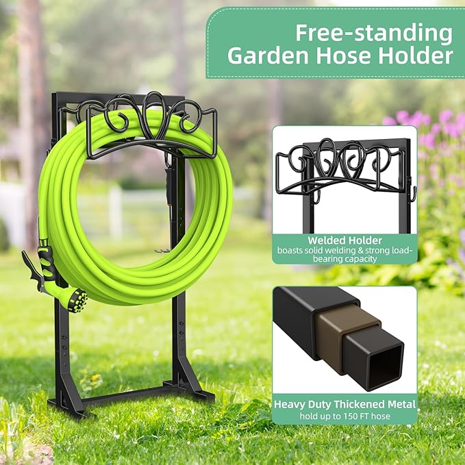 Garden Hose Holder Reel, Upgraded Metal Hose Reels Holds 150ft Hose, Heavy Duty Freestanding Water Hose Holders, Detachable Hose Storage Hanger for Outside - Flower Vine
