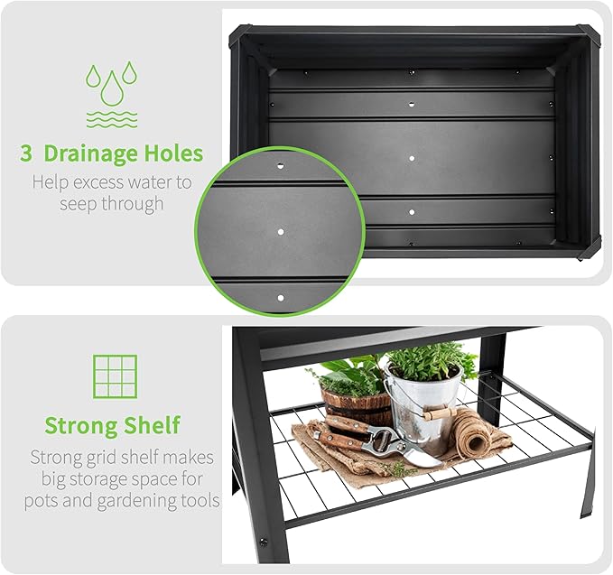 Raised Garden Bed with Legs and Shelf, 2pcs 31.8x20x31.5inches Elevated Metal Planter with Legs for Outdoor Vegetables and Herbs, Standing Raised Beds for Balcony, Patio, Lawn and Backyard