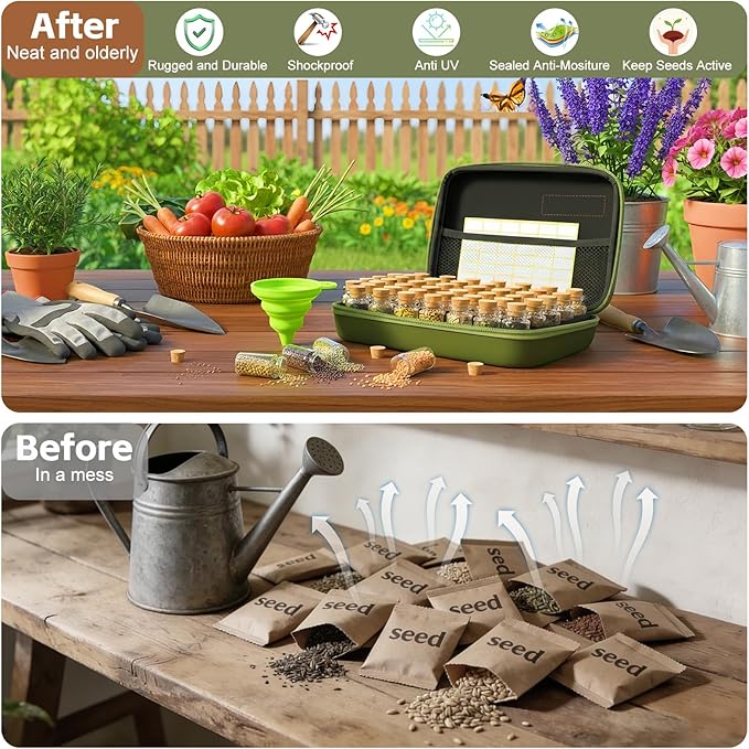 40 Slots Seed Storage Organizer Box, Sturdy Seed Organizer with Classic Vintage Design, Garden Seed Saver Kit with Label Stickers and Funnel, Airtight Seed Storage Container for Flowers, Vegetables
