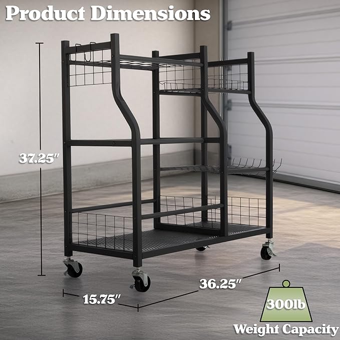 Garage Garden Tool Organizer with Wheels - Yard Tool Storage Rack with 28 Slots for Long Handles, 10 Hooks, 2 Cord Wrappers, 3 Shelves, and Locking Wheels - Shed or Garage Organization by Pure Garden