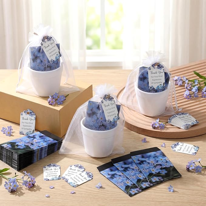 Ctosree 50 Sets Forget Me Not Seeds Packets Funeral Favors Celebration of Life with Flowerpot Thank You Tags Organza Bags for Funeral Memorial Loss of Loved One(Seeds Not Include)