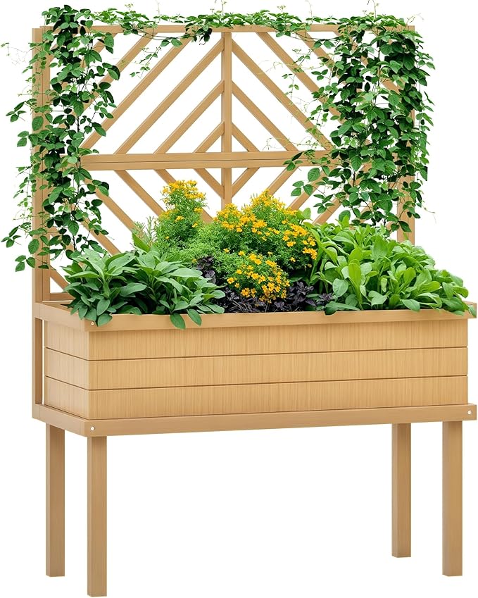 Outsunny Raised Garden Bed with Trellis for Climbing Plants, Vegetable, Grape Vines, Elevated Planter Box with Legs, Drainage Holes and Filter for Outdoor Garden, Patio, Natural Wood