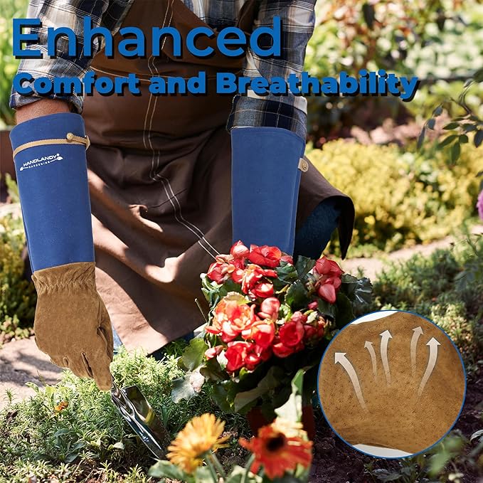 HANDLANDY Long Gardening Gloves for Men Women, Thorn Proof Rose Pruning Leather Garden Yard Gauntlet Glove, Gardening Gifts