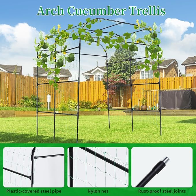 FOLLOOK Garden Arch Trellis for Climbing Plants Outdoor, Cucumber Trellis for Raised Bed, Grape Vine Tomato Bean Tall Vegetable U Frame Plant Support, Black