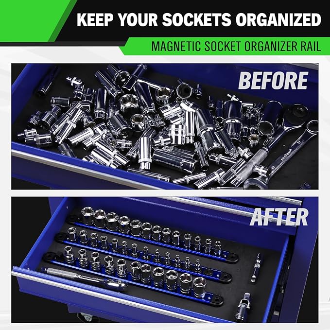 1/2-Inch Magnetic Socket Organizer Rail, Aluminum Alloy Socket Rail, Heavy Duty Sockets Holder with 12 Clips, 360° Swivel Clip Tool Tray, Sockets Organizer for Tool Box Drawer (Blue)