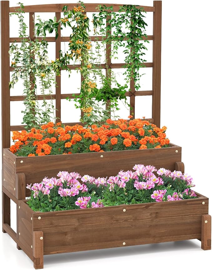 2-Tier Raised Garden Bed with Trellis, Wooden Elevated Planter Box with Legs, Hemp Rope & Drainage Holes, Raised Plant Bed for Backyard, Garden, Lawn
