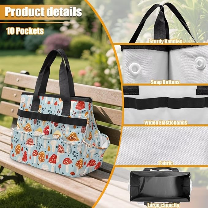 Mushroom Garden Tool Bag Portable Gardening Tool Organizer Bag with 10 Pockets and Handle Tool Carrier and Storage for Garden Lawn Yard Casual Camp
