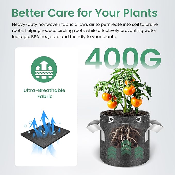 InfiniPower 5 Pack 3 Gallon Plant Grow Bags, 400G Thick Nonwoven Fabric Pots with Multi-Purpose Rings and Handles, Reusable for Low Stress Plant Training Fruits, Vegetables and Flowers