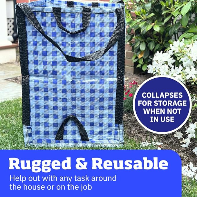 DURASACK Heavy Duty Home and Yard Bags 48-Gallon Reusable Self-Standing Lawn and Leaf Bags Garbage Can with Reinforced Handles, Gingham Blue