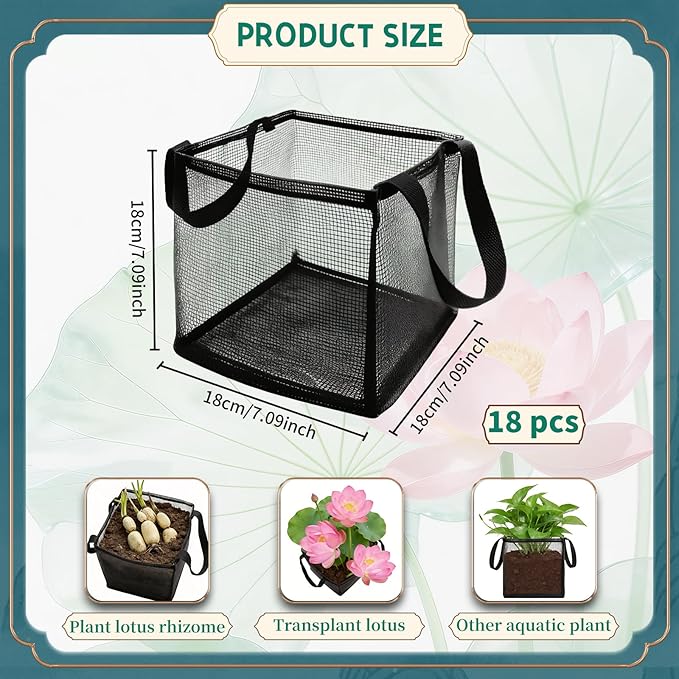 18 Pcs Aquatic Planting Bags with Handles, 7" Aquatic Pond Planter for Pond, Breathe Reusable Mesh Water Garden Pond Plant Pot for Aquatic Plants, Water Lily, Potato, Carrot, Flower