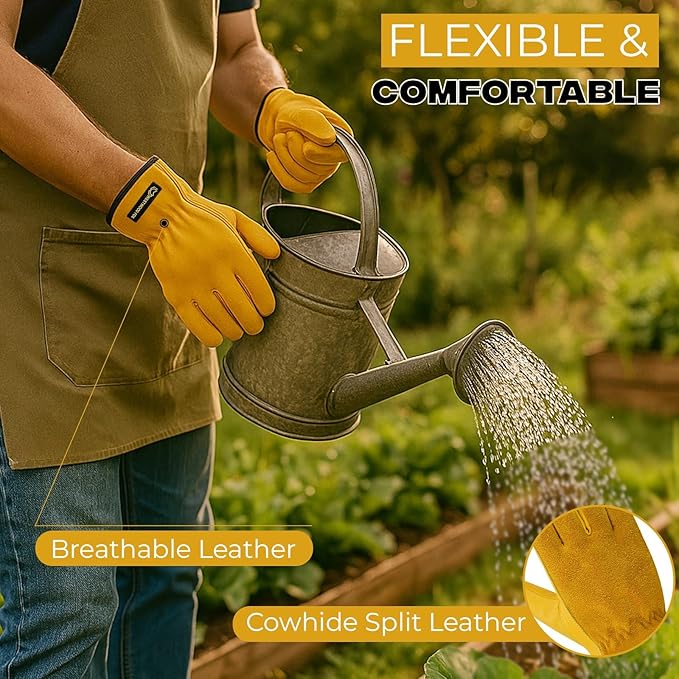 WESTWOOD FOX Work Gloves Men Heavy Duty Leather Gardening Gloves for Thorn Resistant Padded Palm Utility Working