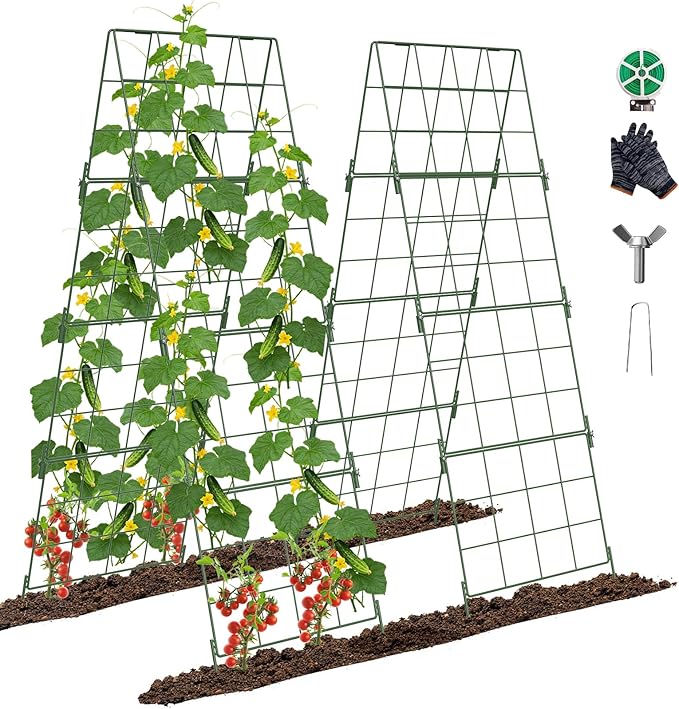 Adjustable A-Frame Trellis for Climbing Plants Outdoor, 48"x32" Cucumber Trellis for Raised Bed, Metal Garden Trellis with Grid Design, Tomato, Grape, Bean, Pea, Squash, Vegetable Trellis (Green)