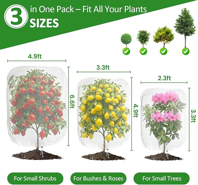 6Pcs Plant Protector Bags – 3 Sizes Variety Set (2.3x3.3/3.3x4.9/4.9x6.6 ft) Reusable Garden Netting for Vegetables, Mesh Covers Protect Tomatoes, Fruits & Flowers from Birds, Bugs, Deer & Animals