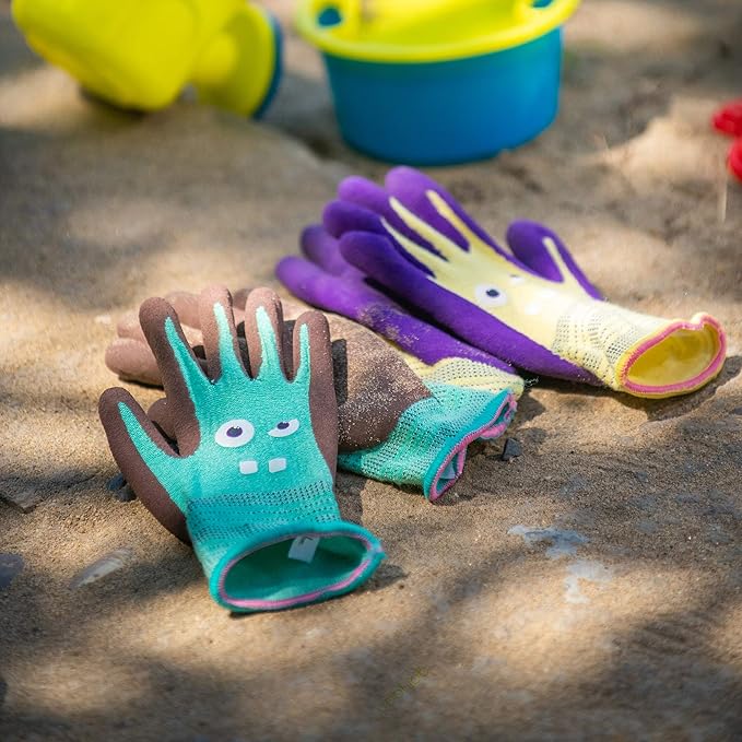 COOLJOB 2 Pairs Modal Toddler Work Gloves Ages 9-12, Rubber Coated Kids Gardening Gloves for Children, Ultra Soft Skin-friendly (Little Monster Series, Large L)
