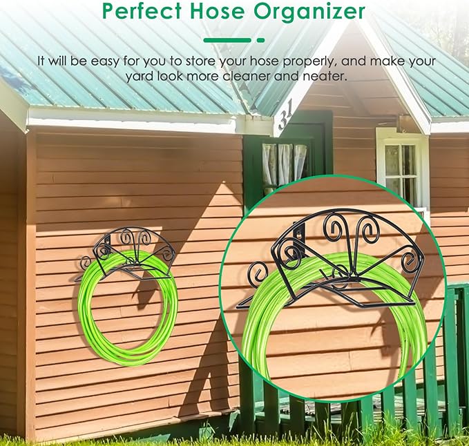 TomCare Garden Hose Holder Heavy Duty Water Hose Holder Solid Metal Hose Hanger Wall Mount Decorative Durable Garden Hose Storage Hose Reel Hose Organizer for Outside Yard, Black