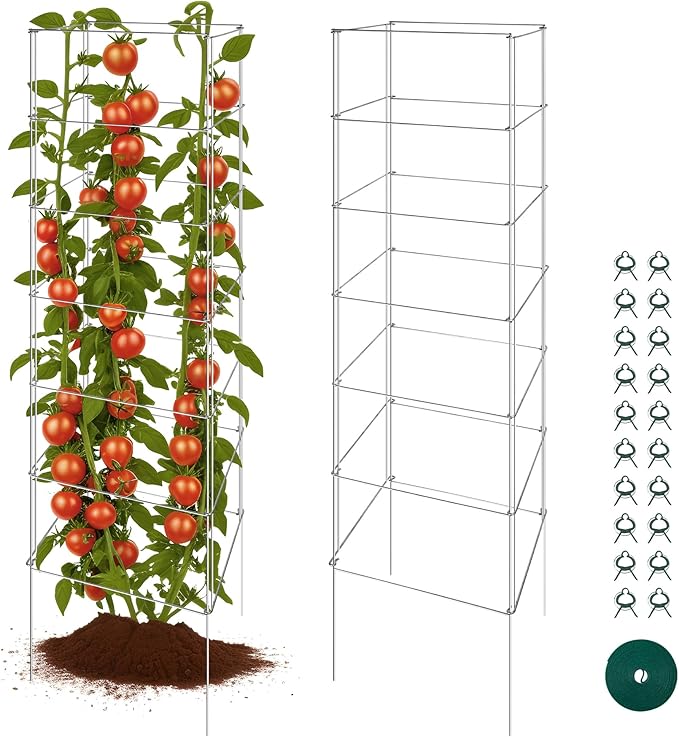 Metal Foldable Tomato Cages 13" x 56", Square Tomato Cages Plant Support for Vegetable Garden, Heavy Duty Tall Tomato Cages for Beans, Tomatos, Cucumbers - 2 Pack