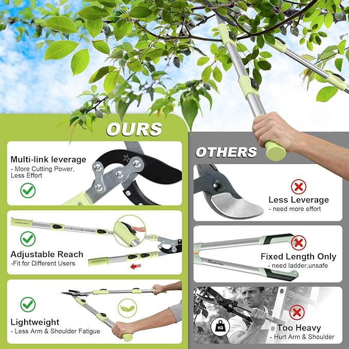 Heavy Duty Hand Loppers Pruning Shears for Gardening,25"-44" Extendable Branch Cutter for Tree Limb Trimming, Lightweight Anvil Lopping Shears for up to 2” Thick Branches Cutters (Green)
