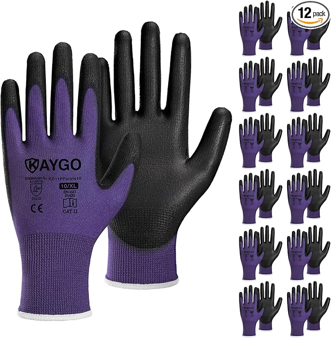 KAYGO Work Gloves for Men and Women,12 Pairs Seamless Knit PU Coated Safety Gloves, with Smooth Grip on Palm and Fingers, Ideal for Light Warehouse, Manufacturing, Gardening, KG11P (XL, Purple)