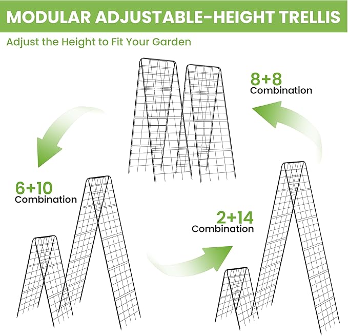Garden Trellis for Cucumbers, 50” x 16“ Adjustable A-Frame Plant Support for Climbing Plants Outdoor, Vegetable, Flowers, 2 Pack Heavy Duty 1cm Metal Vegetable Trellis for Backyard, Raised Bed, Patio