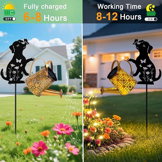 ZFNN Solar Garden Decor Lights, Outdoor Waterproof Solar Watering Can with Cascading Lights, Metal Dog Silhouette Stake Yard Art for Outside Lawn Patio, Unique Gardening Gifts for Women Mom