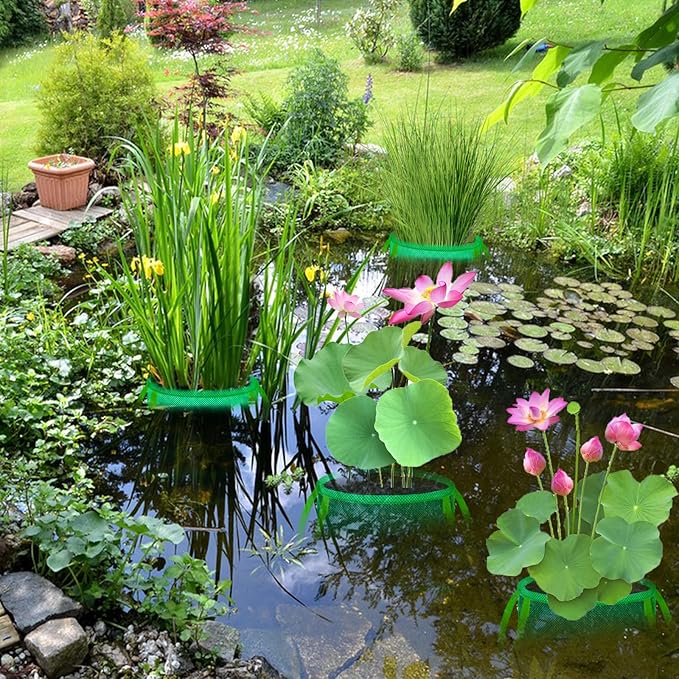 Pond Planting Bags with Handles, Aquatic Pond Lily Planter Reusable Water Gardens Plant Mesh Pots Green Round Pond Plant Basket for Aquatic, Marsh, Bog, Garden, Terrestrial Plants (6 Pcs)