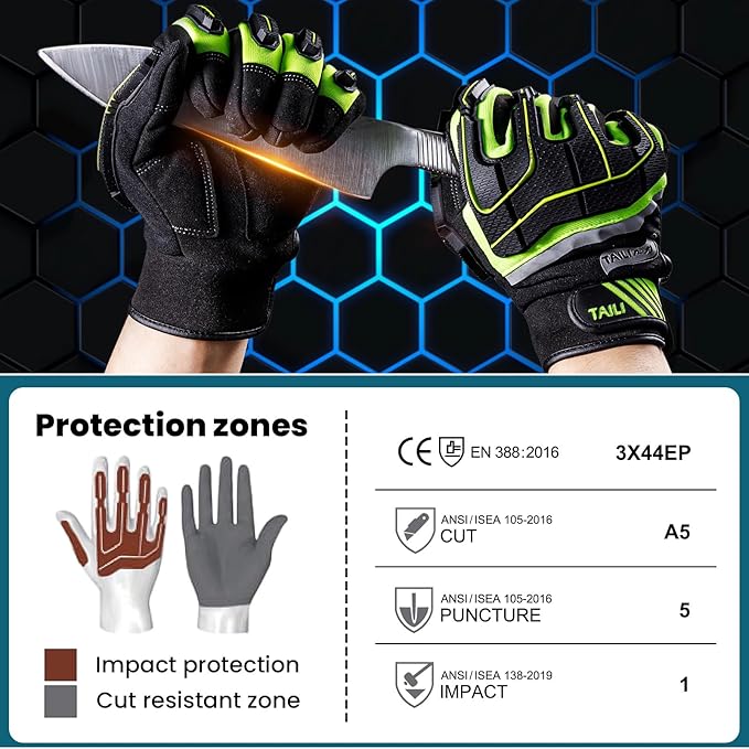 TAILI Heavy Duty Level 5 Puncture and Cut Resistant Gloves for Men Work, 3D PVC Level 1 Impact Protection, Anti Vibration Motorcycle Safety Gloves, Touchscreen, Breathable and Machine Washable, Small
