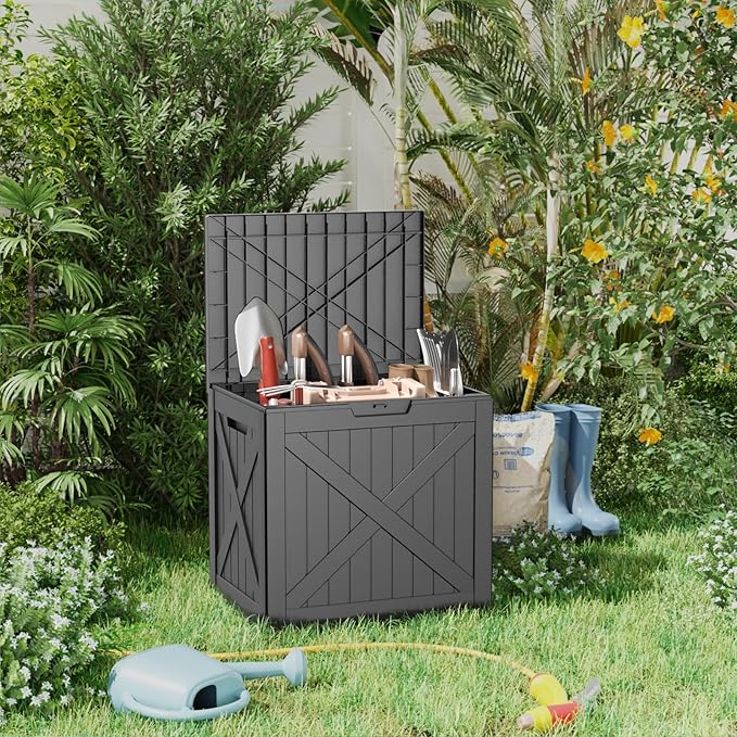 Waterproof Outdoor Storage Box, 32 Gallon Lockable Deck Box, UV-Resistant Outside Storage Bin With Hydraulic Lid For Patio Furniture, Cushion Organizer, Garden Tools, Pool Accessories, Black