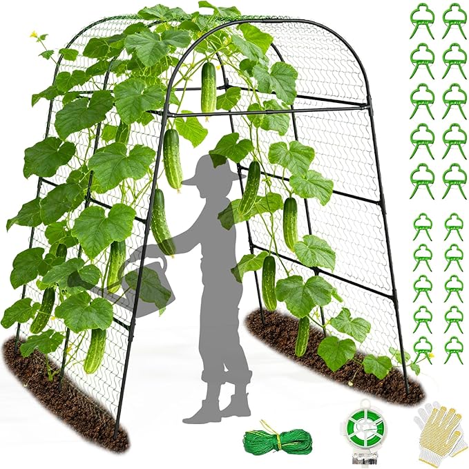 7.2FT Garden Arch Trellis for Climbing Plants, Heavy Duty 66" Wide Walk-Through Metal Arch with Netting, Wind-Resistant Vertical Garden Support for Cucumbers, Roses, Beans, Squash (65" Arch)