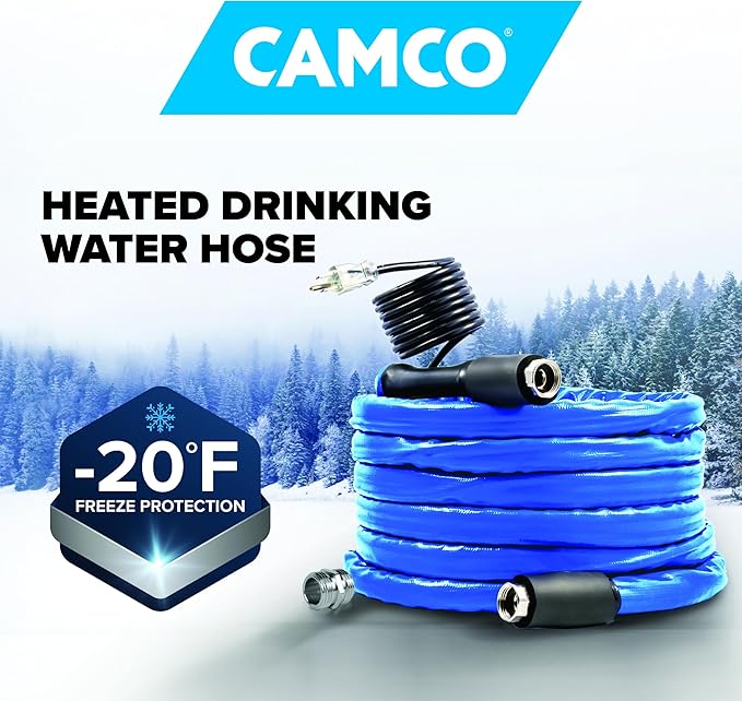Camco 50' Heated Water Hose for RV — Prevents Freezing Down to -20° — Certified For Drinking Water & Lead-Free — Great for Campers, Livestock, Agriculture, Kennels, etc. — 5/8" ID (22912)