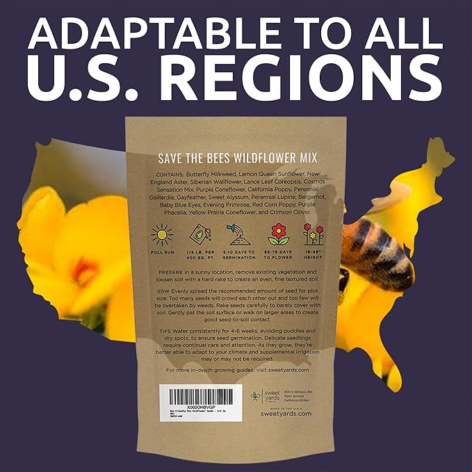 Bee Friendly Wildflower Seed Mix - Bulk 1/4 Pound Bag - Over 30,000 Open Pollinated Seeds - 100% Pure Live Seed - Save The Bees!