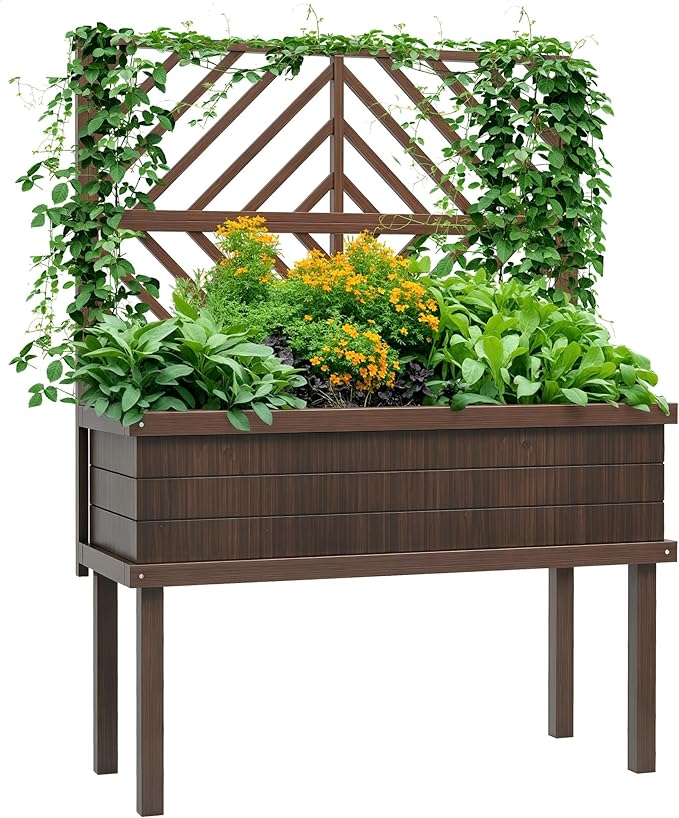 Outsunny Raised Garden Bed with Trellis for Climbing Plants, Vegetable, Grape Vines, Wood Planter with Legs, Drainage Holes and Filter for Outdoor Garden, Patio, Carbonized